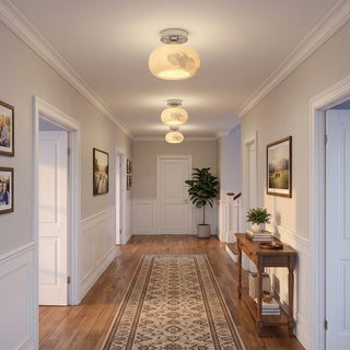Nuvola Alabaster Semi-Flush Ceiling Light Vidirlighting Multiple Natural Stone Flush Mount Fixtures Installed in Long Hallway Corridor with Geometric Runner Rug
