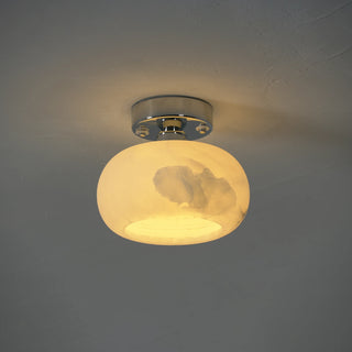 Nuvola Alabaster Semi-Flush Ceiling Light Vidirlighting Daylight Unlit Ceiling View Highlighting Natural Organic Mineral Veins on White Alabaster Stone Shade