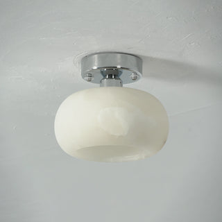 Nuvola Alabaster Semi-Flush Ceiling Light Vidirlighting Illuminated in Dark Environment Demonstrating Downward Ambient Light Pool and Soft Glowing Alabaster Body