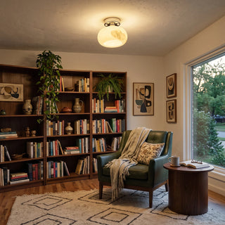 Nuvola Alabaster Semi-Flush Ceiling Light Vidirlighting Warm Diffused Ambient Ceiling Light in Cozy Home Study with Built-in Oak Bookshelves and Reading Chair