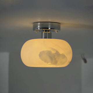 Nuvola Alabaster Semi-Flush Ceiling Light Vidirlighting Real Ceiling Hanging Lit Test Showing Radiant Warm Amber Glow Diffusing through Natural Veined Stone