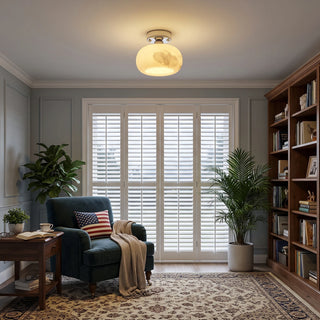 Nuvola Alabaster Semi-Flush Ceiling Light Vidirlighting Welcoming Natural Alabaster Stone Ceiling Light in Modern Farmhouse Entryway with Round Wall Mirror