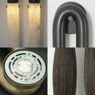 Pennello Horsehair Alabaster Wall Sconce Vidirlighting 4-in-1 Craftsmanship Collage Showing Glowing Stone Cylinders Hardware and Horsehair