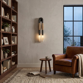 Pennello Horsehair Alabaster Wall Sconce Vidirlighting Sculptural Horsehair Wall Sconce Providing Warm Ambient Glow beside Library Bookshelf