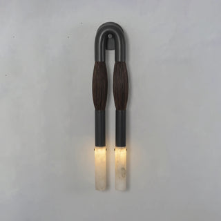 Pennello Horsehair Alabaster Wall Sconce Vidirlighting Frontal Studio View of Brass Arch Sconce with Rich Brown Horsehair and Glowing Alabaster