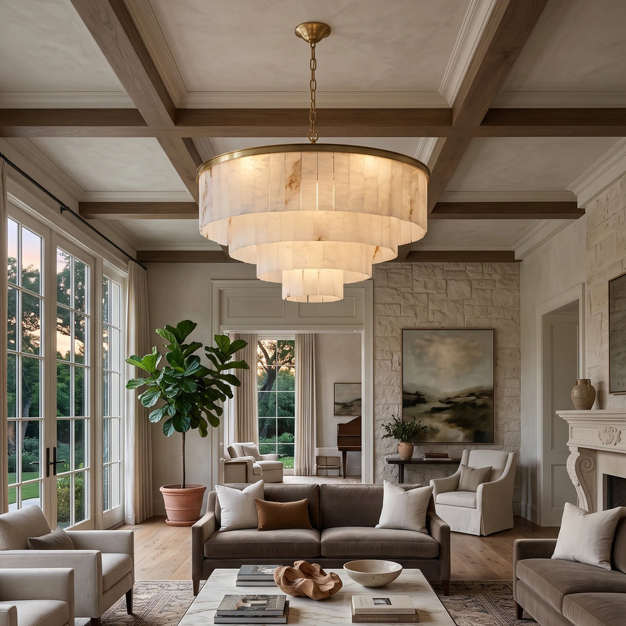 Rectangular Alabaster Tiered Round Chandelier