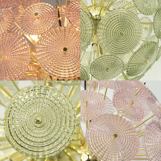 Soffione Glass Disc Sphere Chandelier Vidirlighting 4-in-1 Texture Collage Comparing Amber Green and Pink Murano Glass Spiral Discs with Gold Core