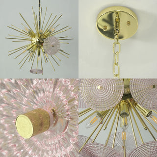 Soffione Glass Disc Sphere Chandelier Vidirlighting 4-in-1 Macro Hardware Details Collage Showing Brass Core Canopy Chain Screw Joint and Pink Petal