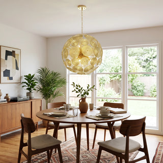 Soffione Glass Disc Sphere Chandelier Vidirlighting Statement Pink Glass Disc Sphere Chandelier Suspended under Vaulted Ceiling near Stone Fireplace