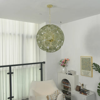 Soffione Glass Disc Sphere Chandelier Vidirlighting Wide Angle Showroom Perspective of Unlit Green Murano Glass Disc Sphere Chandelier
