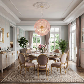 Soffione Glass Disc Sphere Chandelier Vidirlighting Rose Pink Textured Glass Dandelion Chandelier Hanging in Sun-Drenched Dining Area with Colorful Art
