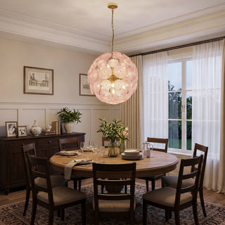 Soffione Glass Disc Sphere Chandelier Vidirlighting Amber Tinted Glass Disc Dandelion Chandelier Illuminating Natural Wood Dining Table and Cane Chairs