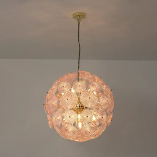 Soffione Glass Disc Sphere Chandelier Vidirlighting Corner Lit Studio Display of Pink Glass Globe Fixture Casting Radiant Soft Rosy Glow on Walls