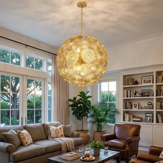 Soffione Glass Disc Sphere Chandelier Vidirlighting Radiant Amber Glass Disc Sphere Centerpiece in Moody Dining Room with Forest Green Paneled Walls
