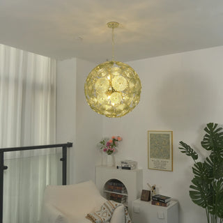Soffione Glass Disc Sphere Chandelier Vidirlighting Fully Illuminated Green Glass Dandelion Globe Casting Enchanting Golden Green Aura in Room Corner