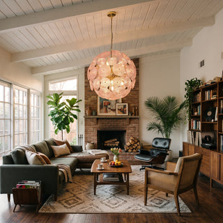 Soffione Glass Disc Sphere Chandelier Vidirlighting Sculptural Amber Glass Sphere Light Casting Radial Ceiling Shadow in Airy Living Room with French Doors