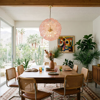 Soffione Glass Disc Sphere Chandelier Vidirlighting Delicate Blush Pink Textured Glass Disc Sphere Pendant Hanging above Round Wood Dining Table