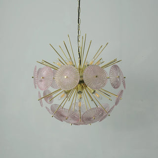 Soffione Glass Disc Sphere Chandelier Vidirlighting Semi-Assembled Factory Hanging Sample Showing Layered Pink Textured Glass Discs on Brass Core