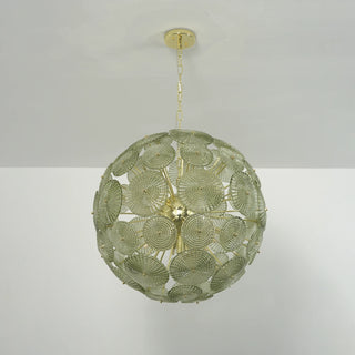 Soffione Glass Disc Sphere Chandelier Vidirlighting Sage Green Textured Glass Disc Sphere Pendant Unlit in Bright Showroom with Greenery