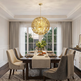 Soffione Glass Disc Sphere Chandelier Vidirlighting Amber Murano Glass Dandelion Globe Pendant Centered over Elegant Long Dining Table with French Drapes