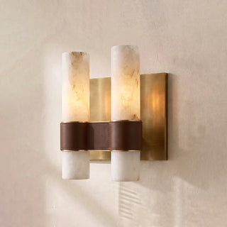 Stela Alabaster Cylinder Wall Sconce Vidirlighting Dual Short Stone Cylinder with Brown Stitched Leather Ring and Brushed Nickel Silver Plate for Modern Master Bathroom