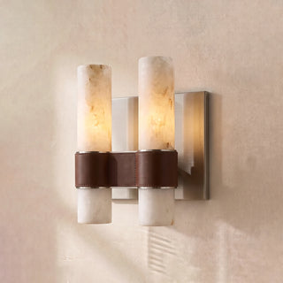 Stela Alabaster Cylinder Wall Sconce Vidirlighting Double 2-Light Short Tube with Brown Leather Band and Brushed Brass Gold Finish for Luxury Bathroom Vanity Mirror