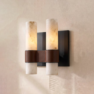 Stela Alabaster Cylinder Wall Sconce Vidirlighting Single-Light Elongated Tall Stone Cylinder with Leather Accent and Brushed Brass Gold Frame Flanking Living Room Fireplace