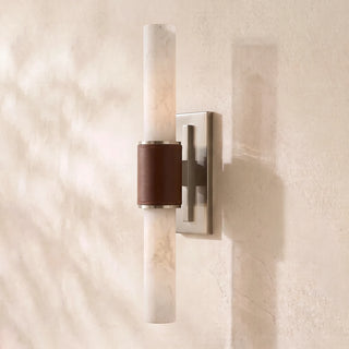 Stela Alabaster Cylinder Wall Sconce Vidirlighting 2-Light Short Alabaster Column with Brown Leather Sleeve and Matte Black Metal Backplate for Contemporary Powder Room