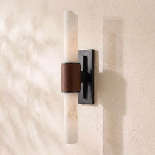 Stela Alabaster Cylinder Wall Sconce Vidirlighting Single Tall Slim Alabaster Tube with Brown Leather Buckle and Brushed Nickel Silver Wall Mount for Minimalist Hallway Corridor