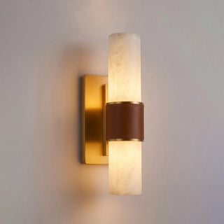 Stela Alabaster Cylinder Wall Sconce Vidirlighting Single-Light Short Translucent Stone Tube with Brown Leather Strap and Brushed Nickel Silver Base for Bedroom Nightstand