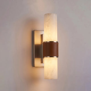 Stela Alabaster Cylinder Wall Sconce Vidirlighting Single-Light Compact Short Alabaster Cylinder with Brown Leather Sleeve and Matte Black Metal Base for Entryway Stairway Aisle