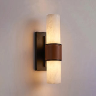 Stela Alabaster Cylinder Wall Sconce Vidirlighting Single-Light Short Natural Stone Cylinder with Brown Leather Wrap and Brushed Brass Gold Finish for Bedside Reading Nook