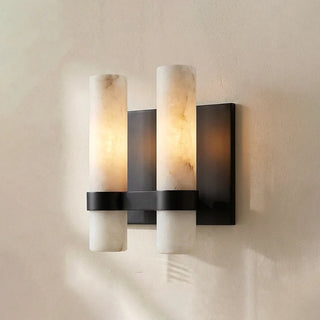 Stela Alabaster Matte Black Double Cylinder Wall Sconce Illuminated Studio Shot - Vidirlighting