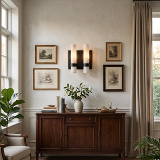 Stela Alabaster Matte Black Double Cylinder Wall Sconce Above Living Room Sideboard Credenza - Vidirlighting