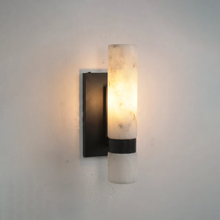 Stela Alabaster Matte Black Single Cylinder Wall Sconce Illuminated Studio Shot - Vidirlighting