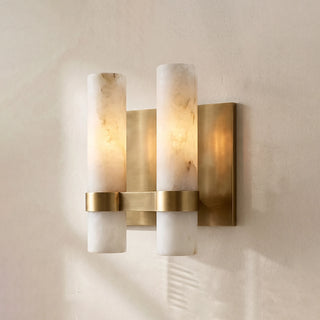 Stela Alabaster Brushed Brass Double Cylinder Wall Sconce Illuminated Studio Shot - Vidirlighting