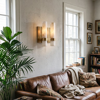 Stela Alabaster Brushed Brass Double Cylinder Wall Sconce Beside Leather Sofa Living Room - Vidirlighting