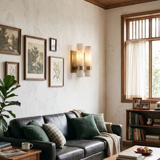 Stela Alabaster Brushed Brass Double Cylinder Sconce Above Living Room Sofa Window Nook - Vidirlighting