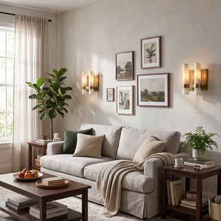 Stela Alabaster Brushed Brass Wall Sconces Flanking Living Room Sofa Gallery Wall - Vidirlighting