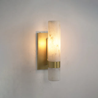 Stela Alabaster Brushed Brass Single Cylinder Wall Sconce Illuminated Studio Shot - Vidirlighting
