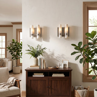 Stela Alabaster Brushed Nickel Double Cylinder Sconces Pair Above Dining Credenza Console - Vidirlighting