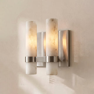 Stela Alabaster Brushed Nickel Double Cylinder Wall Sconce Illuminated Studio Shot - Vidirlighting