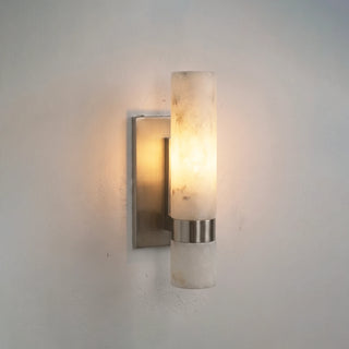 Stela Alabaster Brushed Nickel Single Cylinder Wall Sconce Illuminated Studio Shot - Vidirlighting