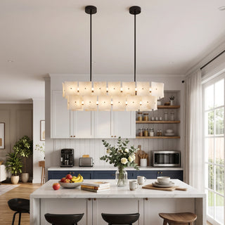 Tegola Two-Tier Alabaster Chandelier Vidirlighting Warm Glowing Two-Tier Alabaster Drum Chandelier Centered over Wood Dining Room Table