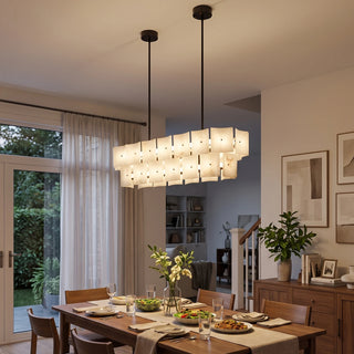 Tegola Two-Tier Alabaster Chandelier Vidirlighting Linear Alabaster Tile Island Chandelier Hung below Rustic Timber Beams in Kitchen