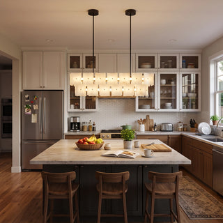 Tegola Two-Tier Alabaster Chandelier Vidirlighting Two-Tier Round Alabaster Tile Chandelier Hung in Elegant Dining Room with Wall Paneling