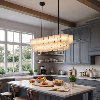 Tegola Two-Tier Alabaster Chandelier Vidirlighting Compact Round Two-Tier Alabaster Tile Chandelier over Casual Family Dining Table