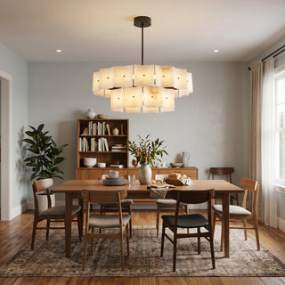 Tegola Two-Tier Alabaster Chandelier Vidirlighting Symmetrical Round Two-Tier Alabaster Pendant Defining Main Seating Area in Formal Living Room