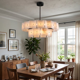 Tegola Two-Tier Alabaster Chandelier Vidirlighting Elongated Two-Tier Alabaster Slat Chandelier Hung above Dining Table near Open Patio Doors