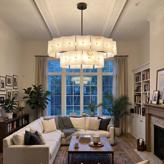 Tegola Two-Tier Alabaster Chandelier Vidirlighting Grand Round Two-Tier Alabaster Drum Chandelier Mounted under Coffered Ceiling in Great Room